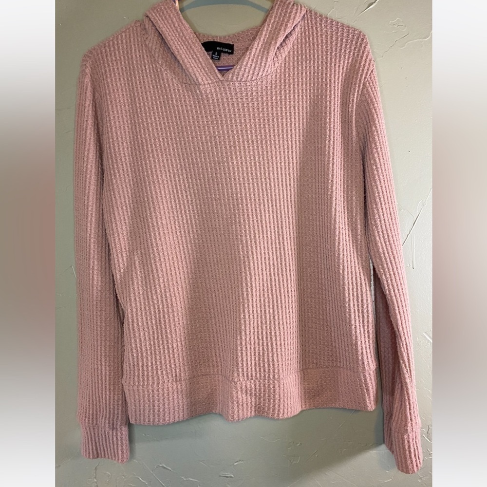 mi•lieux sweatshirt hooded long sleeve top waffle weave rose color Sz S C-21